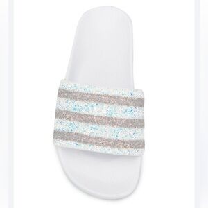 ADIDAS "Adilette" White Glittery Stripe Slip On Slide Sandal